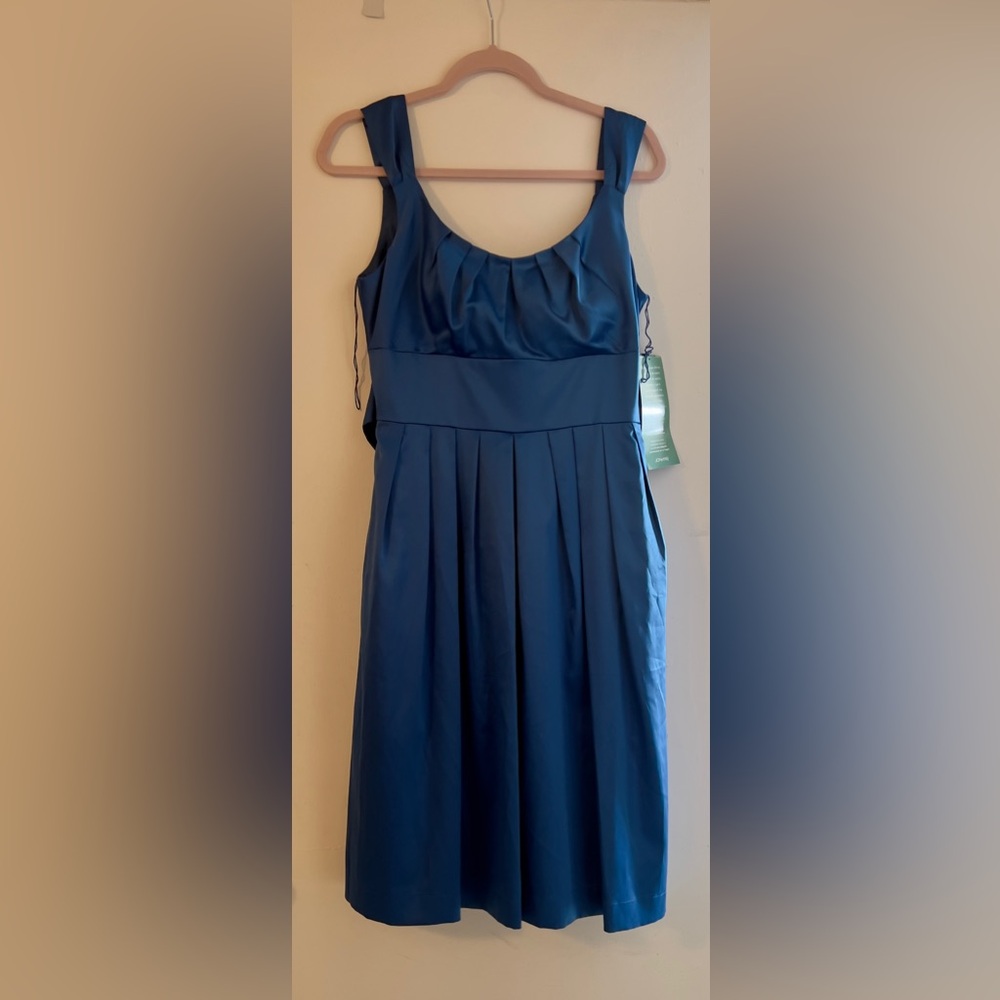 Blue Pleated Sleeveless A-Line Dress, Ties in the Back